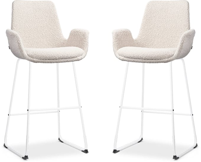 Nolon Nino-Eef Barkrukken Set van 2 Bouclé Beige - met Armleuning - Wit Onderstel - 75 cm - Barkruk met Rugleuning - Lage Armleuning - Scandinavisch