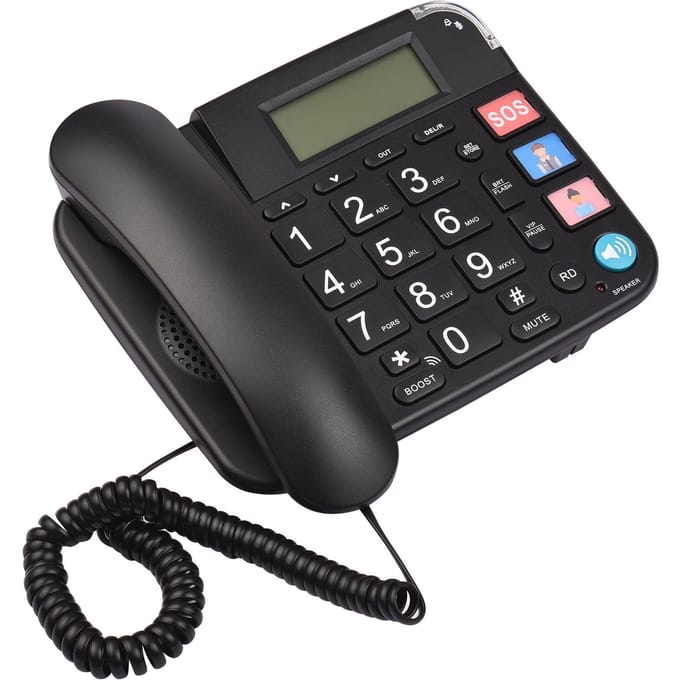 Zwarte vaste telefoon met grote knop Bureau Vaste telefoon Telefoonondersteuning zwart