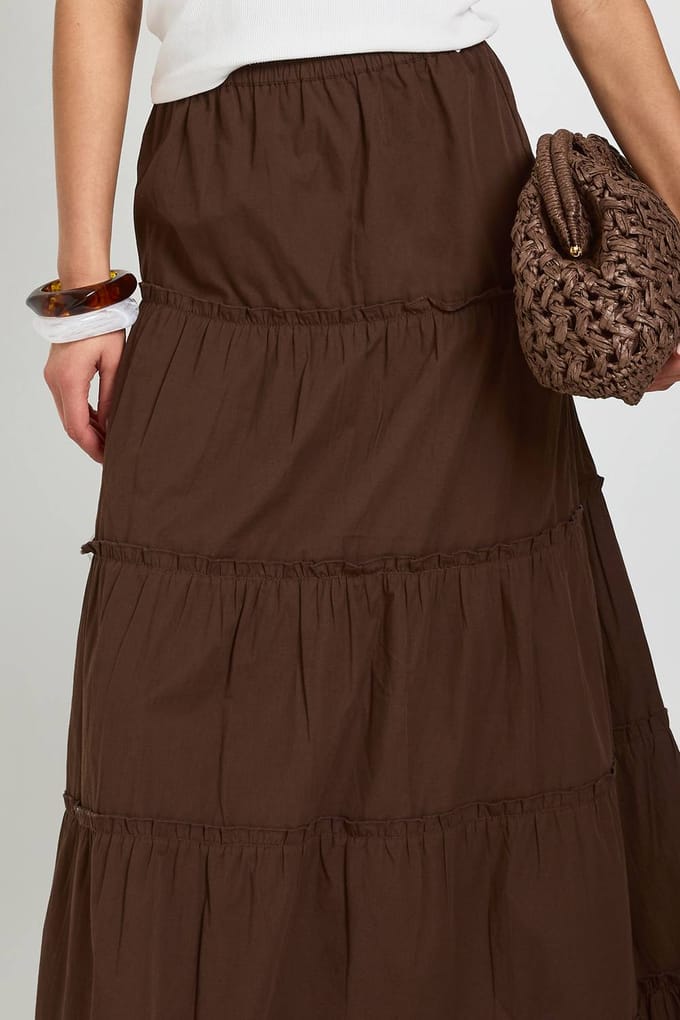 boohoo Dames Gelaagde Katoenen Popeline Maxi Rok | Chocoladebruin | Maat: 44