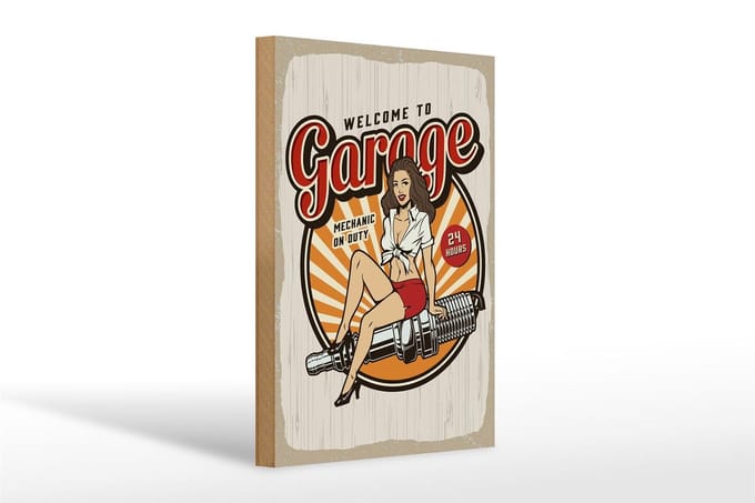 Holzschild Spruch Pinup Welcome to Garage Mechanic on 20x30cm