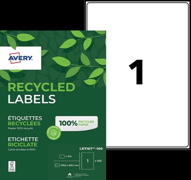 Etiket Avery LR7167-100 199.6x289.1mm recycled wit 100 stuks