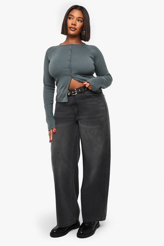 boohoo Dames Plus Button-Down Top met knoopsluiting en lange mouwen | Kaki | Maat: 44