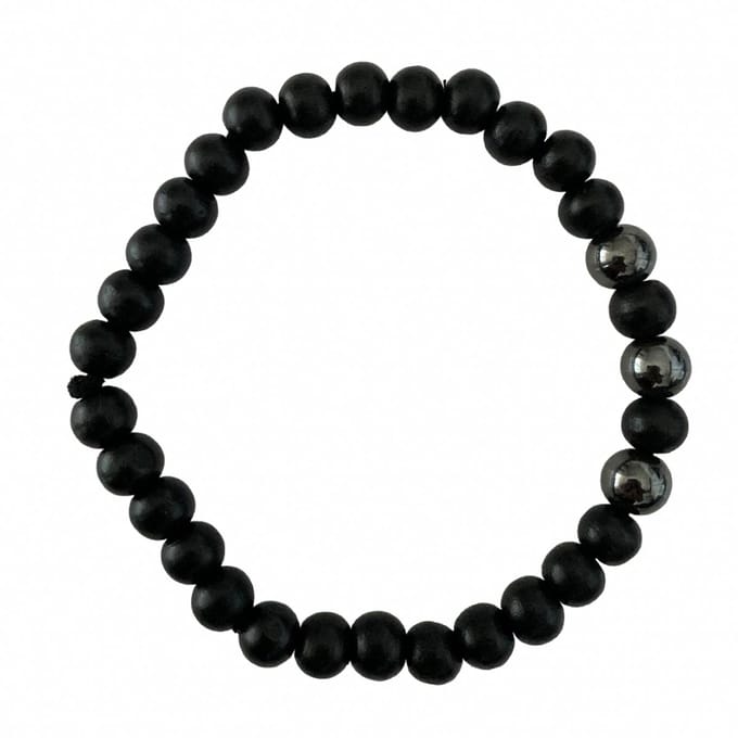 Armband - natuursteen - hout - zwart - 3 Hematite stenen - 8 mm 21 cm