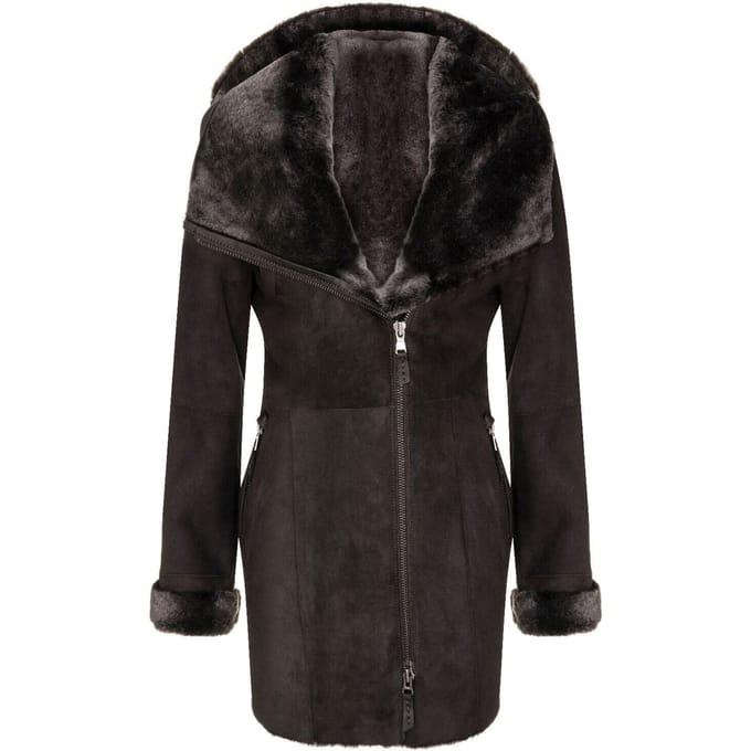 Dames merino schapenvacht jas met capuchon-antiek