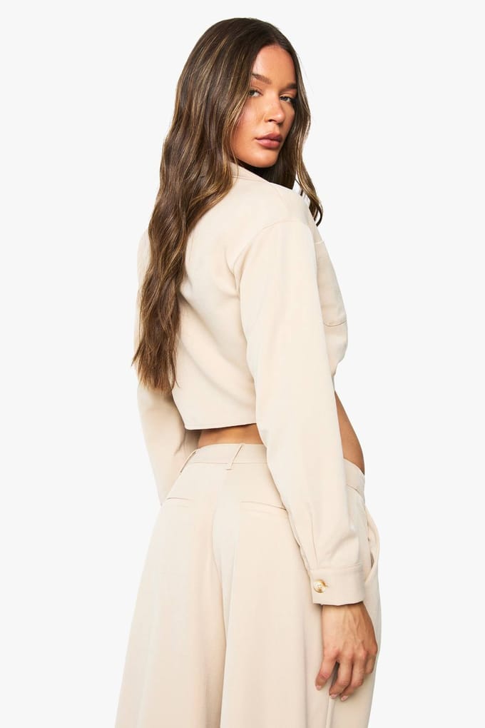 boohoo Dames Linnenlook Ontspannen Pasvorm Twist-Front Overhemd | Stone | Maat: 14