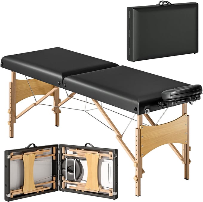 HOMCOM Massage Table-Kunstleder, Holz-215L x 70B x 61-86H cm-Schwarz