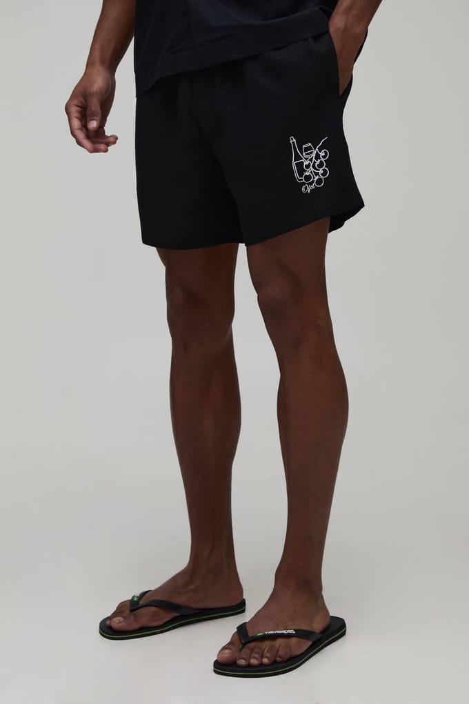 Relaxed Fit Linen Blend Boxer Style Embroidered Short | Black | Size Small