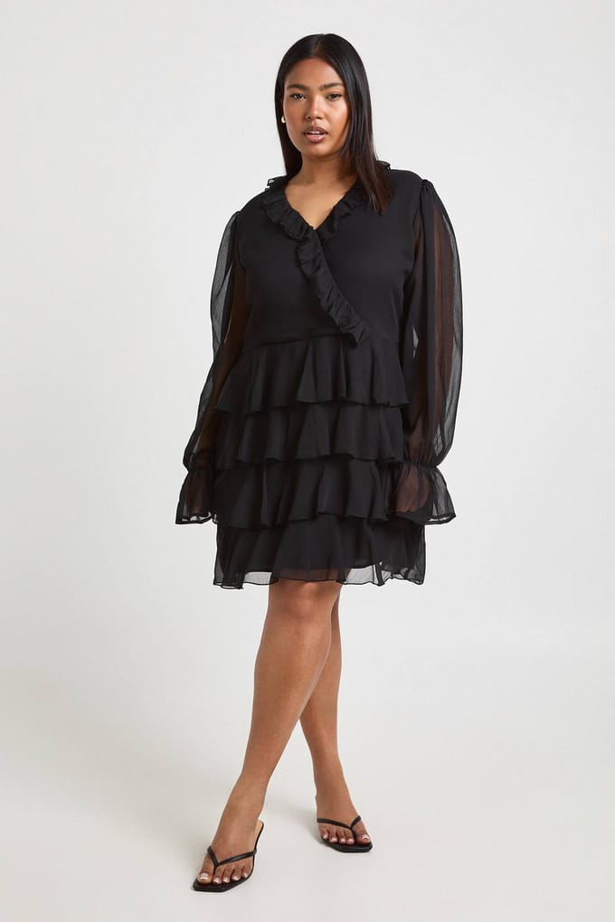 boohoo Dames Plus Ruffle Wrap Skater Jurk | Zwart | Maat: 44