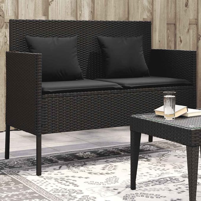 vidaXL - Tuinbank - met - kussens - poly - rattan - zwart