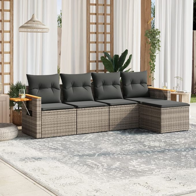 vidaXL - 5-delige - Loungeset - met - kussens - poly - rattan - grijs
