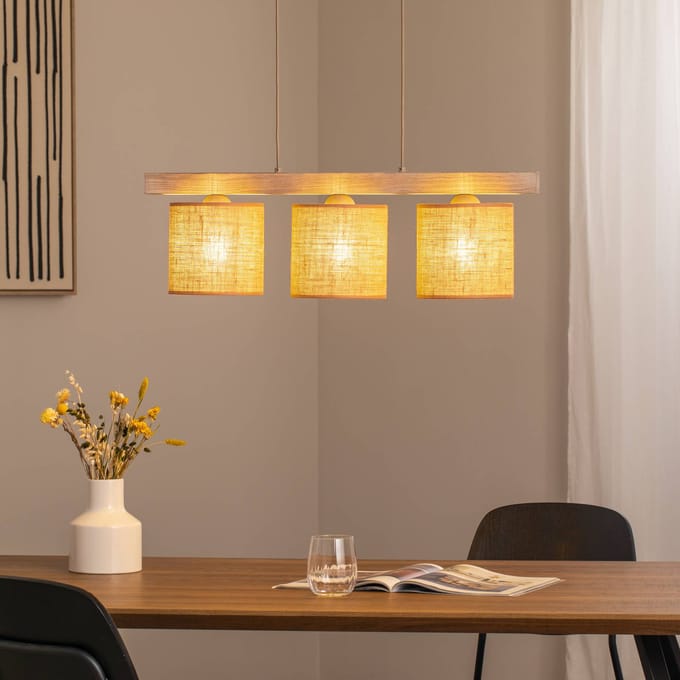 Duolla Hanglamp Forest, 3-lamps, hout licht, jute naturel