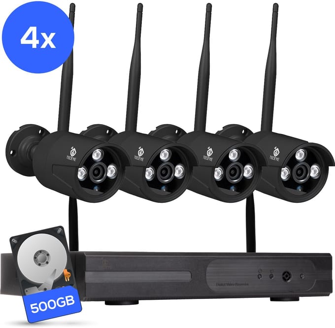Teceye Bullet Beveiligingscamera Buiten met Recorder - Draadloze Buitencamera - 4 Camera - 500GB Opslag