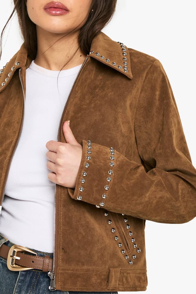 boohoo Dames Suede-look studded jas | Tan | Maat: 14