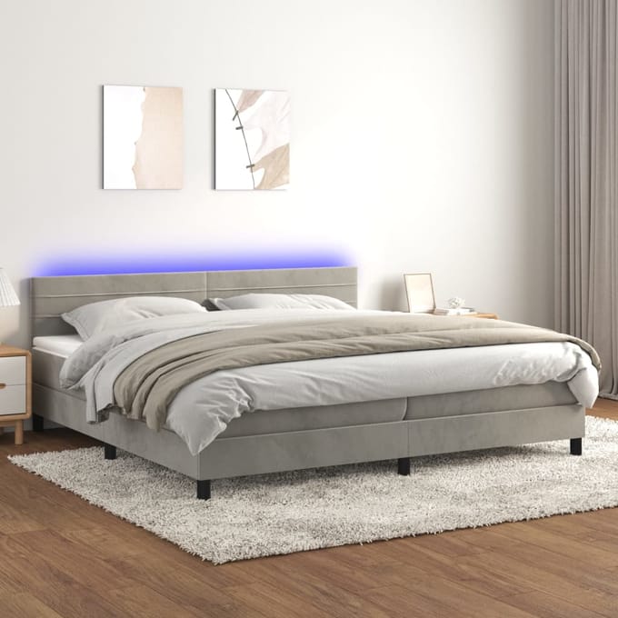 vidaXL - Boxspring - met - matras - en - LED - fluweel - lichtgrijs - 200x200 - cm