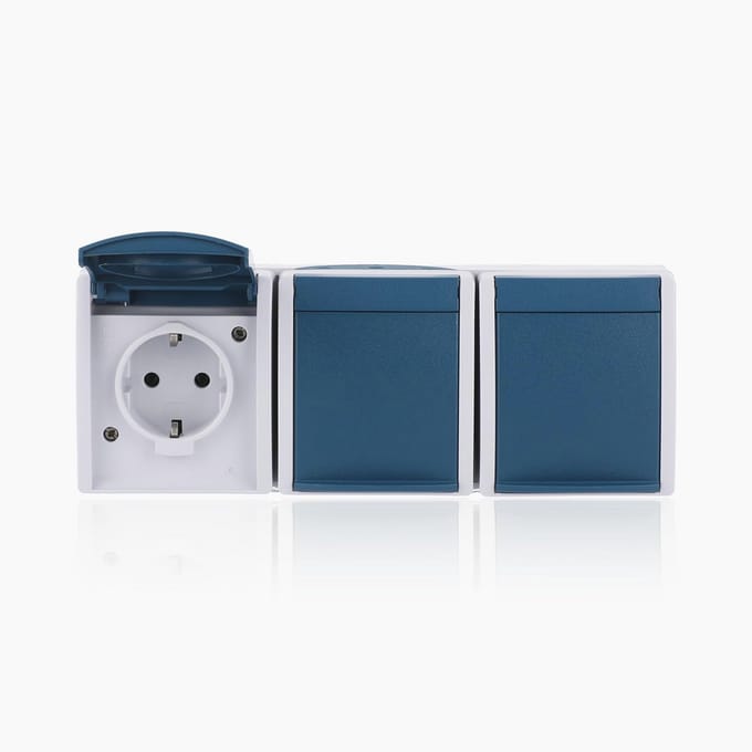 3-voudige SCHUKO Contactdoos Grijs/Blauwgroen - IP 44