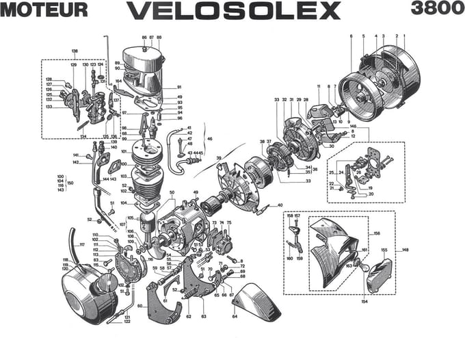 Poster onderdelenoverzicht motorgedeelte voor Solex 3800 Nieuw zwart en wit