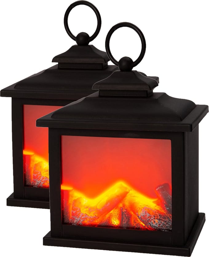 LED sfeerhaarden - 2 stuks - open haard lantaarn - L12 x B9 x H15 cm