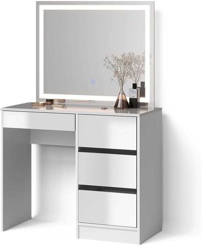Kaptafel met LED Spiegel en Opbergruimte, Wit, 90 cm