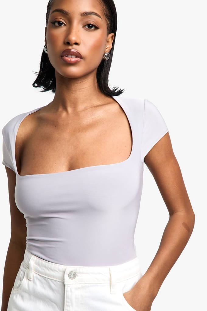 boohoo Dames Dubbel Laag Slinky Square Neck Cap Sleeve Bodysuit | Grey | Maat: 14