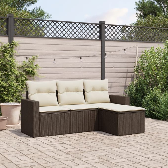 vidaXL - 4-delige - Loungeset - met - kussens - poly - rattan - bruin