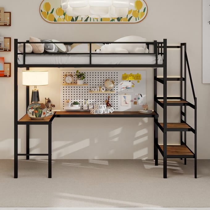 VVBV Ruimtebesparende Hoogslaper 90x190 cm met Opbergruimte, Bureau - Wit