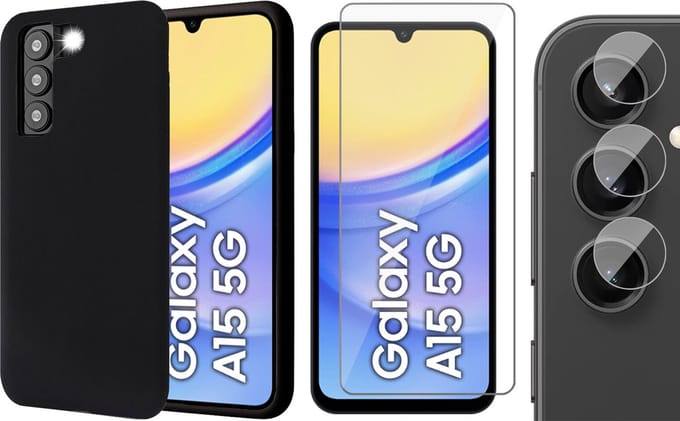 Hoesje geschikt voor Samsung Galaxy A15 - Screenprotector Glas & Camera - Mat Back Case Zwart