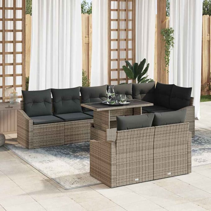 vidaXL Tuinbank Set met kussen met opslag 9 pcs Grijs poly rattan