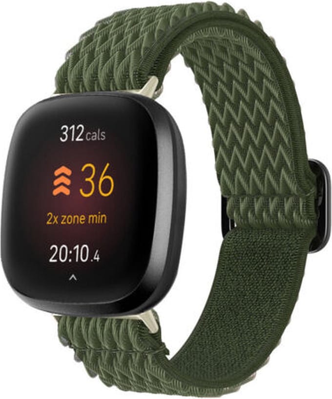 Strap-it Smartwatch bandje - Elastisch nylon bandje geschikt voor Fitbit Versa 3 / Versa 4 / Fitbit Sense / Sense 2 - groen