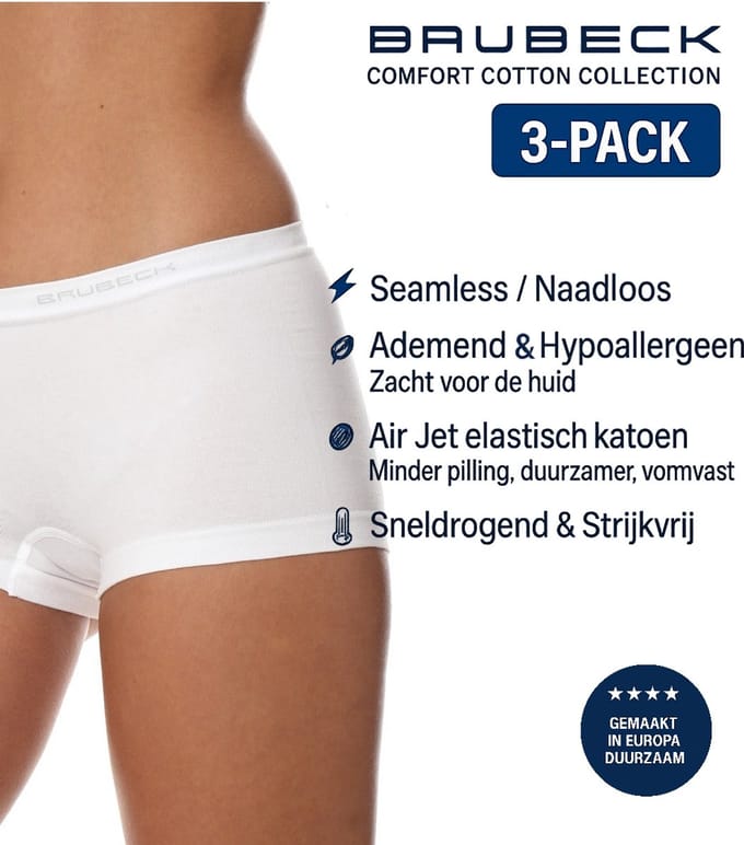 Brubeck Dames Boxershort – Naadloos (Seamless) Elastisch Katoen – 3-Pack - Wit - M