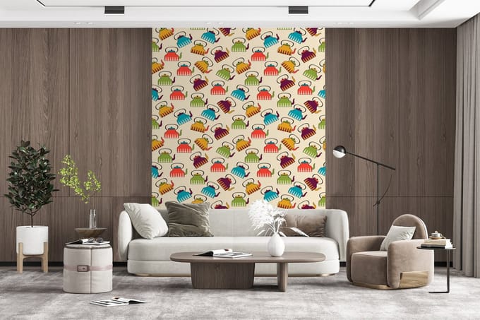 Behang - Fotobehang Design - Retro - Theepot - Kleuren - Breedte 195 cm x hoogte 260 cm