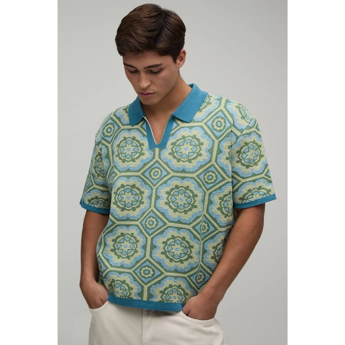 Oversized Boxy Crochet Cotton Blend Knitted Polo T-Shirt | Green | Size Small