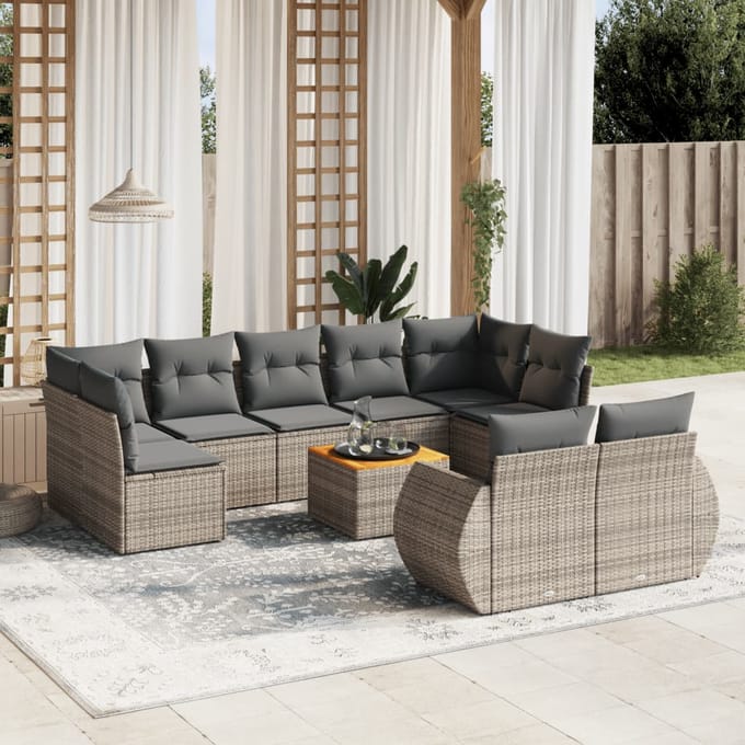 vidaXL - 10-delige - Loungeset - met - kussens - poly - rattan - grijs