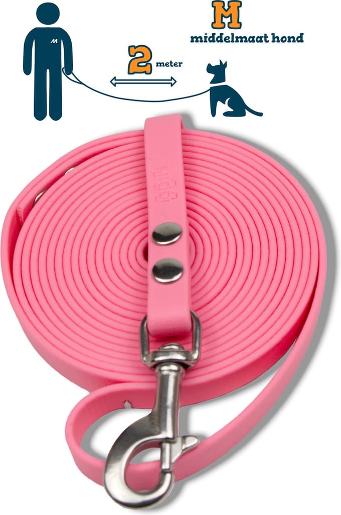 Miqdi hondenriem - BioThane ® - pastel roze - 2 meter lang - 13 mm breed - M - middelmaat hond