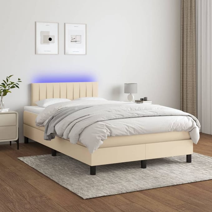 vidaXL - Boxspring - met - matras - en - LED - stof - crèmekleurig - 120x200 - cm