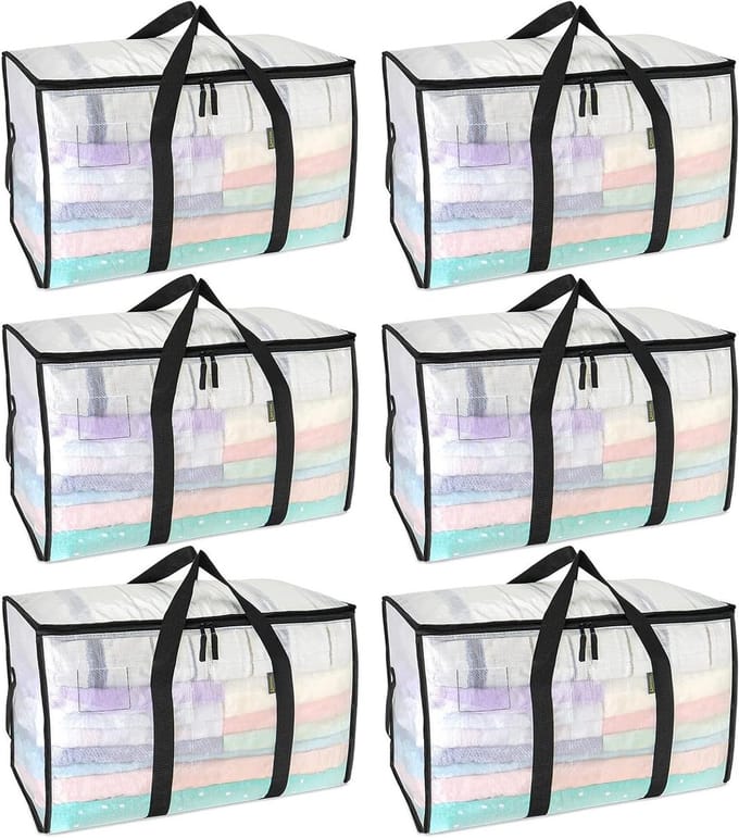 BALEINE 6-pack oversized verhuiszakken, versterkte handgrepen, zware plastic opbergbakken, helder, 6-pack
