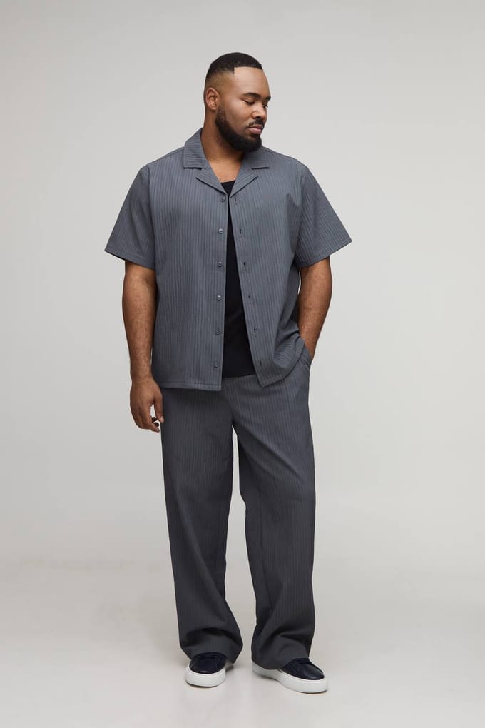 Plus Getextureerde Regular Revere Shirt & Relaxed Broek Set | Slate | Size 4XL