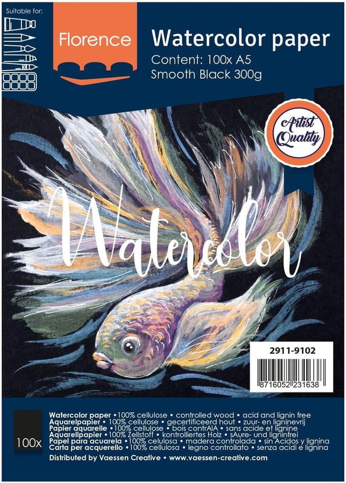 Aquarelpapier - Zwart - A5 - 300 gram - Smooth - Gladde Structuur - Florence - 100 vellen