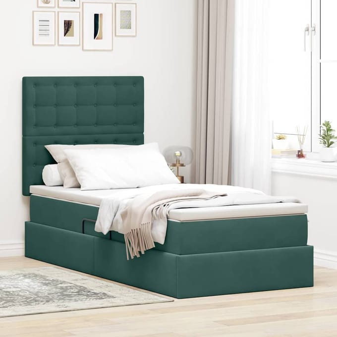 vidaXL - LED - opbergbed - met - matras - Donkergroen - 90 - x - 200 - cm - Fluweel