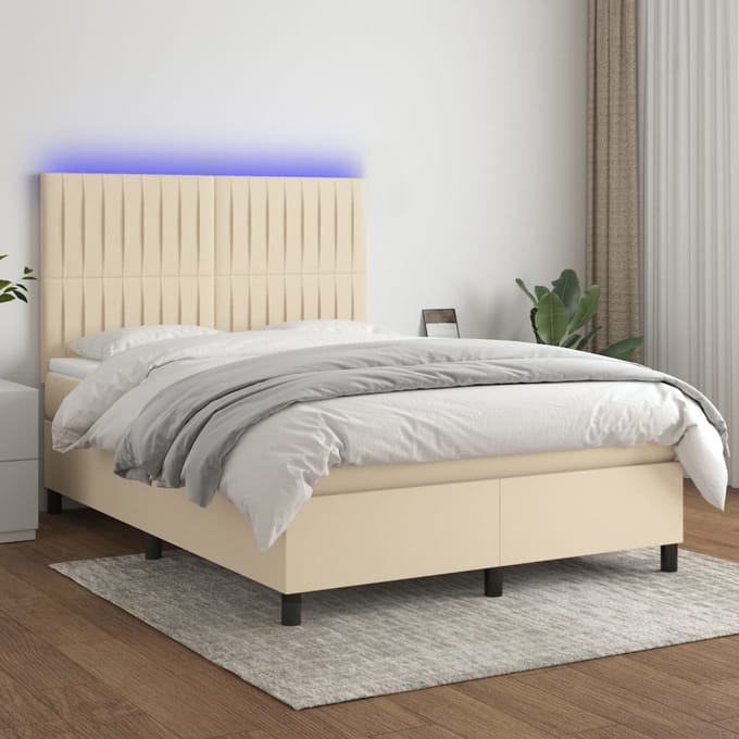 vidaXL - Boxspring - met - matras - en - LED - stof - crèmekleurig - 140x190 - cm