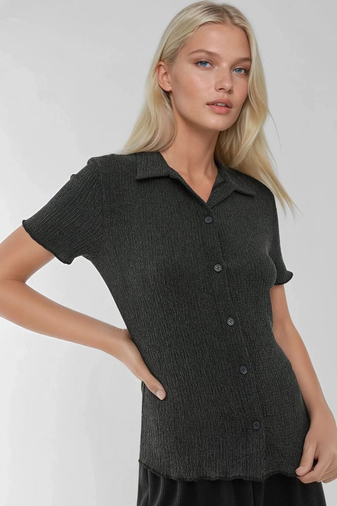 Gestructureerde Korte Mouwen Blouse met Shirtkraag