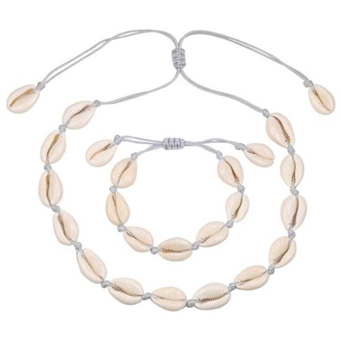 Fako Bijoux - Schelpjes Ketting & Armband - Choker - Schelpen Set - Grijs
