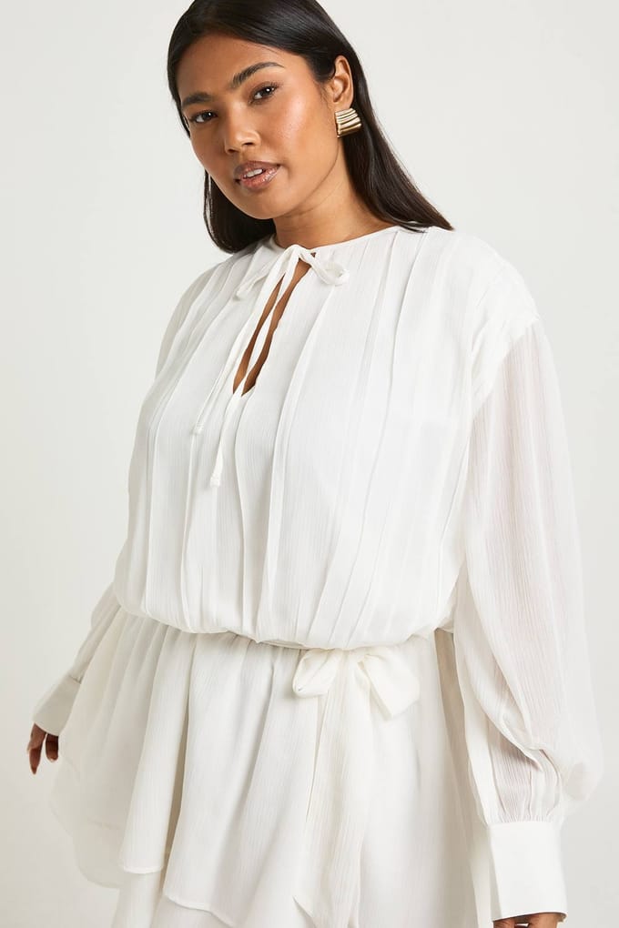 boohoo Dames Plus Chiffon Blouson Ruffle Riem Skater Jurk | Ivoor | Maat: 46