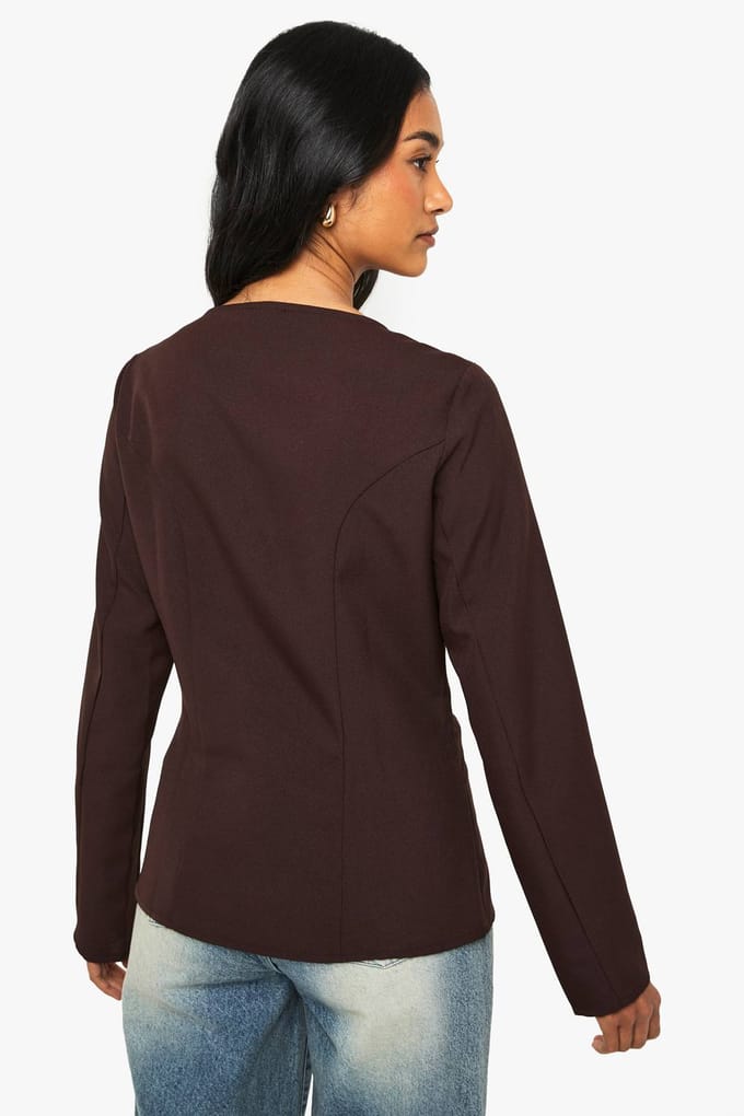 boohoo Dames Kraagloze blazer met vierkante hals | Chocoladebruin | Maat: 36