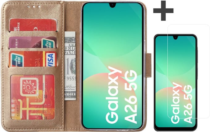 Hoesje met Screenprotector Geschikt voor Samsung Galaxy A26 – Arara bookcase met pasjeshouder - Goud