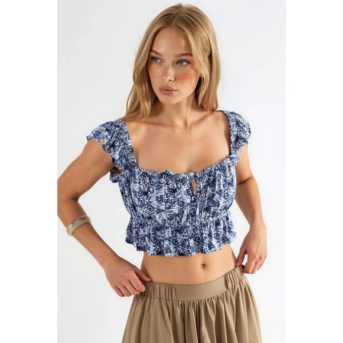 Gerimpelde Vierkante Kraag Gedrukte Blouse