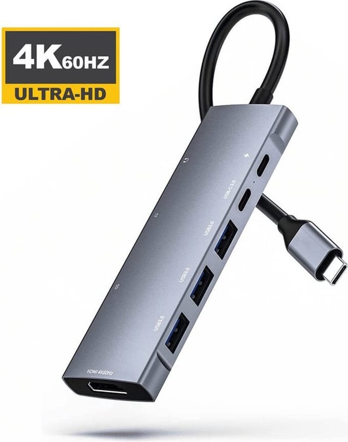 M-TECK 9-in-1 USB-C Hub met HDMI + 3 x USB-A 3.0 + USB-C (opladen) + SD/Micro Kaartlezer + Audio aansluiting