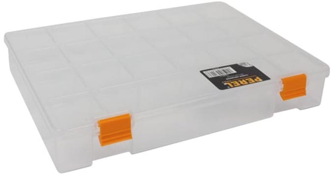Perel assortimentsdoos, 21 vaste compartimenten, stapelbaar, 324 x 247 x 51 mm, transparant/geel