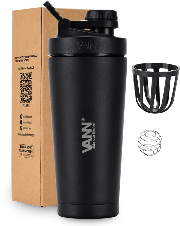 VANN® 3-wandige RVS shakebeker 750 ML - Premium Proteïne & Eiwit Shaker - ULTIMATE SHAKER™ - 12 uur koud - Satin Noir