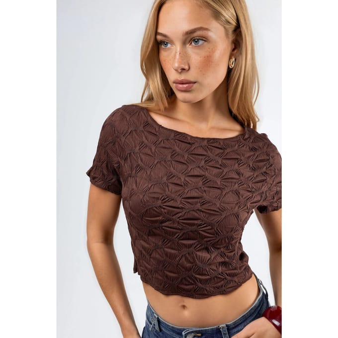 Korte Mouwen Textuur Boothals Slim Fit Cropped T-Shirt