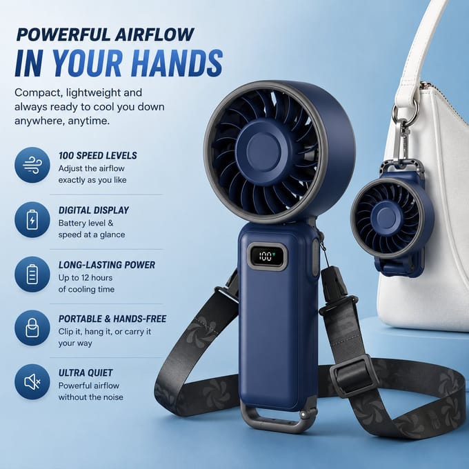 Draagbare handventilator turbo - 100 snelheden - 3600mAh batterij - 12 uur - LED display - blauw